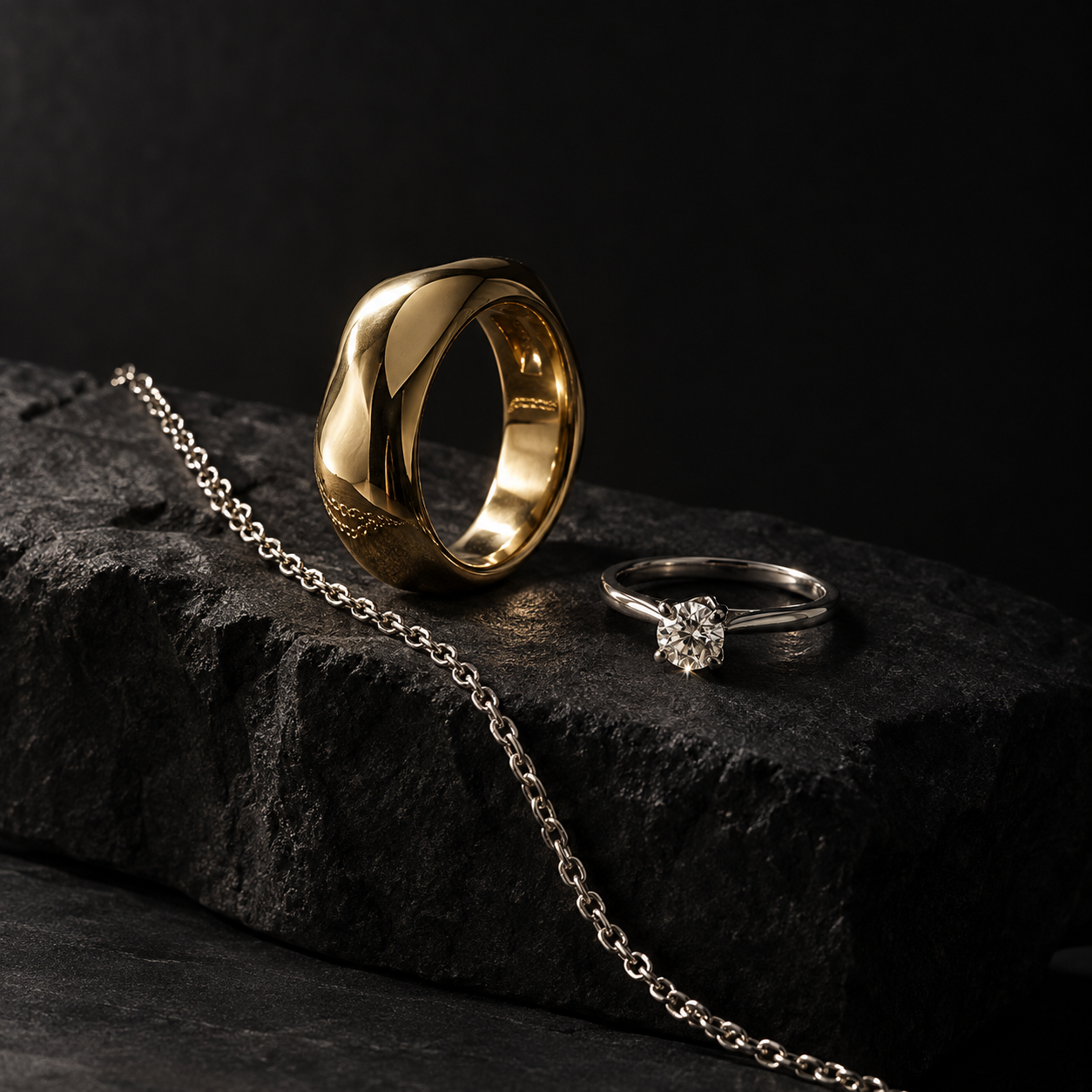 Gold ring, silver chain and diamond ring arranged on dark stone